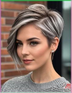 Here are just a few tips for hair care based on hair type 😉 Lowlights For Short Gray Hair, Pixie Haircut With Gray Highlights, Short Gray Highlighted Hair, Sassy Grey Hairstyles, Hair Color For Pixie Haircut Highlights, Grey Streaked Hair, Transition Grey Hair With Highlights, Short Gray Hair Over 40, Short Hair Gray Highlights