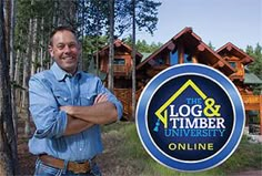 a man standing in front of a log and timber university sign with his arms crossed