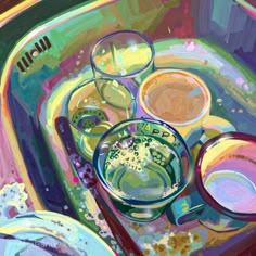 an oil painting of cups and saucers on a tray