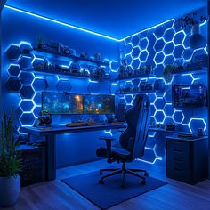 a home office with blue lighting and hexagonal shelves on the wall, along with a computer desk