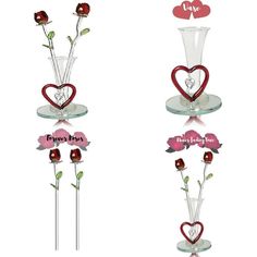 three glass vases with flowers in them and one has hearts on the top, two have roses