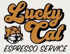 the lucky cat espresso service logo is shown in orange and black on a white background