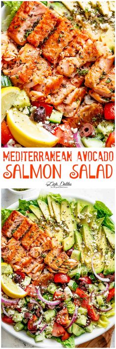 salmon salad with avocado, tomatoes and cucumber