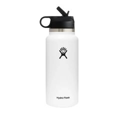 the hydro flask water bottle is white and has a black lid with a logo on it