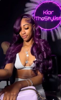 Purple Hair Lace Wig, Hair Colors For Black Women Wigs, Purple Wig Styles, Dark Purple Lace Front Wig, Color Lace Front Wigs Dark Skin, Birthday Hair Colors For Black Women, Colored Wig Ideas Black Women, Hair Color Ideas For Wigs