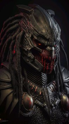 the predator character from star wars, with red eyes and dreadlocks on his face