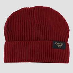 * H: 20cm W: 3cm L: 14cm  * A knitted acrylic red hat with a fabric grays 1922 snaffle logo branding on the front.   * One size fits most.   * Wash with similar colours.   * Machine wash cold.   * Do not tumble dry. Classic Red Winter Hat, Red Adjustable Casual Beanie, Classic Burgundy Hats For Winter, Classic Burgundy Winter Hat, Classic Knitted Hats For Outdoor, Classic Knitted Outdoor Hat, Red Outdoor Beanie Cap, Red Beanie For Outdoor, Classic Outdoor Beanie