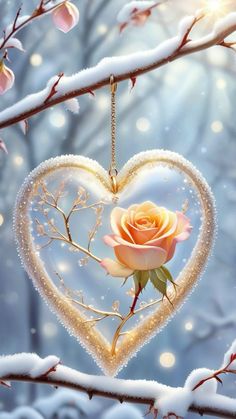 a heart shaped ornament with a rose in it hanging from a tree branch