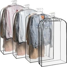 three clear clothes racks with shirts hanging on them