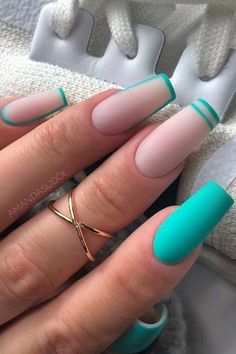 Teal Nail Designs, Inspiration Nails, Teal Nails, Turquoise Nails, Milky Nails, Cute Acrylic Nail Designs, Coffin Shape Nails, Acrylic Nails Coffin Short