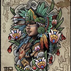 a drawing of a native american woman with feathers and flowers on her head, holding a guitar