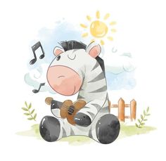 a cartoon zebra sitting on the ground with music notes in his mouth and holding a guitar