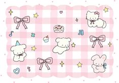 a pink checkered background with teddy bears and other items