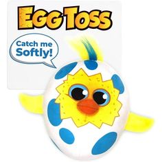 an egg tosser with the words catch me softy on it's face