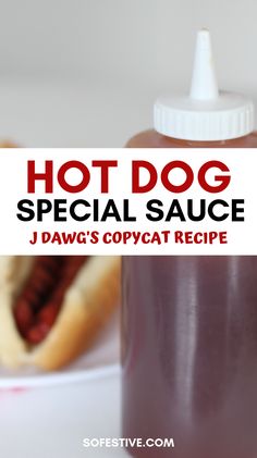 hot dog sauce in a bottle next to a hotdog bun