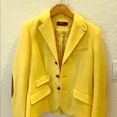 This Is One Of My Favorite Pieces But Believe It Or Not I Have Never Worn It. It Is Almost Brand New. I Noticed A Small Hole On The Right Arm Of The Coat After I Bought It. I Decided To Fix It And Patch It Up As It Is A Very Expensive Coat. Other Than That It Is In Absolute Mint Condition. Fitted Yellow Blazer For Winter, Yellow Single Breasted Blazer For Fall, Yellow Blazer With Button Closure For Fall, Yellow Single Breasted Blazer For Spring, Yellow Fall Blazer, Fitted Yellow Winter Blazer, Classic Fitted Yellow Outerwear, Yellow Fitted Blazer For Work, Classic Yellow Fall Blazer