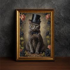 a painting of a cat wearing a black top hat and bow tie sitting on a table