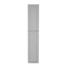 a tall white cabinet with two doors on each side and one door open in the middle