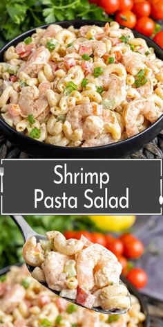 shrimp pasta salad in a black bowl with a spoon full of it and the title overlay reads shrimp pasta salad