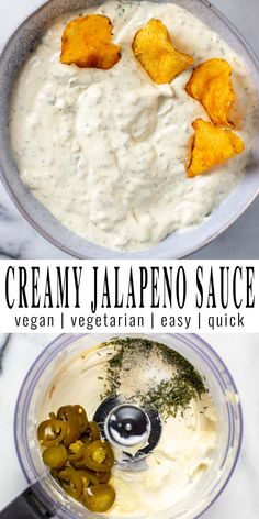 the ingredients to make creamy jalapeno sauce in a food processor, and then being mixed together