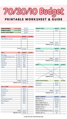 the printable worksheet and guide for 70 / 20 budget sheet is shown