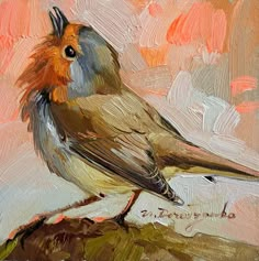 a painting of a bird sitting on top of a tree branch