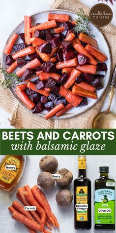 beets and carrots with balsamic glaze on a white plate surrounded by ingredients