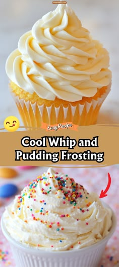 a cupcake with white frosting and sprinkles on top is shown