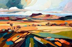 an abstract painting of mountains and fields