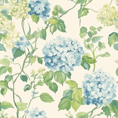 blue hydrangeas and green leaves on a white background wallpaper design by cole & cole