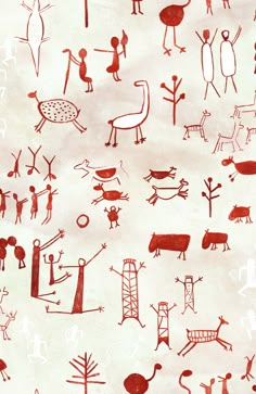 an image of some people and animals in the sky with red ink on paper that has been drawn onto it