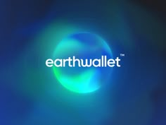 the earthwallet logo on a blue background with green and purple circles around it