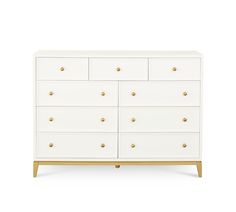 a white dresser with gold handles and drawers on the bottom, against a white background