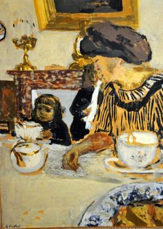 a painting of a woman sitting at a table with her dog