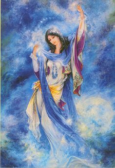 a painting of a woman in blue and white dress with her arms outstretched, standing on clouds