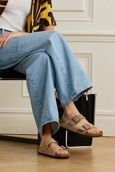 A cult classic, Birkenstock's signature 'Arizona' sandals are designed with comfort in mind. They've been made in Germany from suede with tonal buckled straps and contoured footbeds. Slip yours on with everything from loungewear to dresses. Birkenstock Women Outfit, Taupe Birkenstock Outfit, Brown Birkenstock Outfit, Birkenstock Outfit Spring, Birkenstock Outfit Women, Arizona Birkenstock Outfit, Birkenstock Arizona Outfit, Birkenstock Outfit Summer, Taupe Outfit