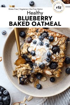 healthy blueberry baked oatmeal with yogurt and granola on top