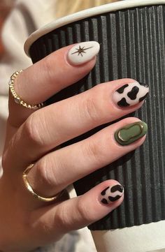 Symmetrical Nail Designs, Fun Cow Print Nails, Lincoln Park After Dark Nail Designs, Brown Cow Nails Designs, Autumn Nails Cute, Olive Green Checkered Nails, Farm Nail Ideas, Fall Nails Almond Short, Matte Nail Ideas Short