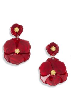 Pretty pansy drop earrings with gleaming centers will lend everyday charm to your ensembles. 2 1/8" drop; 1 3/8" width Post back Acetate/goldtone plate Imported Poppy Earrings, Red Gemstones, Red Earrings, Dark Red, Pansies, Gemstone Earrings, Poppies, Gold Tones, Nordstrom