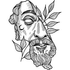 a black and white drawing of a man's face with leaves around his neck