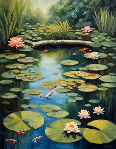 a painting of water lilies and fish in a pond