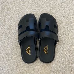 -Brand New, Never Worn -Size 6 Women’s -Tagged Brand For Exposure Black Slip-on Slippers For Vacation, Black Closed Toe Summer Slippers, Classic Black Slides With Rubber Sole, Black Slippers With Rubber Sole For Vacation, Black Vacation Slippers With Rubber Sole, Classic Black Slides With Textured Footbed, Black Slide Sandals With Leather Footbed, Black Leather Footbed Slippers For Summer, Black Slippers With Leather Footbed For Summer