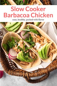 slow cooker barbacoa chicken with avocado and radishes