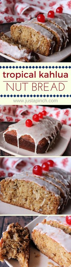 several pictures of different types of cake on plates with cherries and white frosting