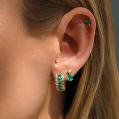 18k gold emerald, round diamond and baguette Lola huggies1.07cts emeralds0.51cts round diamonds0.33cts baguette diamonds Sold as a pair. #AKEMRLDH-YG Emerald Ear Rings, Emerald Ear Stack, Gold Emerald Jewelry, Emerald Earring, Jewelry Stack, Diamond Initial Necklace, Diamond Huggies, Ear Party, Initial Earrings