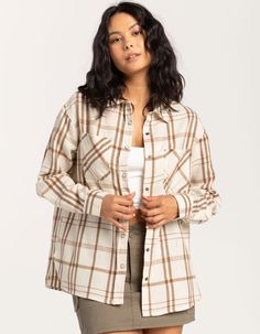 Rsq Basic Flannel. Plaid Pattern. Button Snap Front. Collared Neckline. Chest Pockets. Button Cuffed Long Sleeves. Rounded Hem. 55% Cotton. 45% Polyester. Machine Wash. Imported. Model Is Wearing A Size Small. Model Measurements:height: 5'8" Bust: 32"waist: 25"hips: 36" Womens Basic, Plaid Flannel, Plaid Pattern, Model Measurements, Chest Pocket, Long Sleeves, Plaid, Wardrobe, Long Sleeve