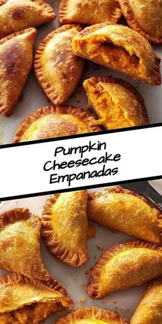 pumpkin cheesecake empanadas on a baking sheet with text overlay that reads pumpkin cheesecake empanadas