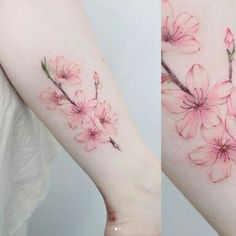 two pictures of pink flowers on the arm