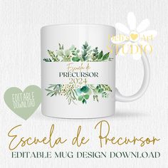 a white coffee mug with green leaves on it and the words escala de prensor