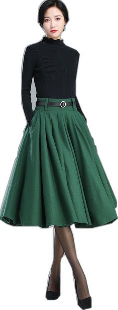 Fall A-line Pleated Maxi Skirt, Fall A-line Skirt With Pleated Hem, Winter Solid Pleated Skirt, Winter Fitted Belted Skirt, Green Pleated Skirt For Fall, Green Pleated Maxi Skirt For Fall, Fitted Box Pleat Skirt For Fall, Fall Fitted Skirt With Box Pleat, Belted Flared Pleated Skirt